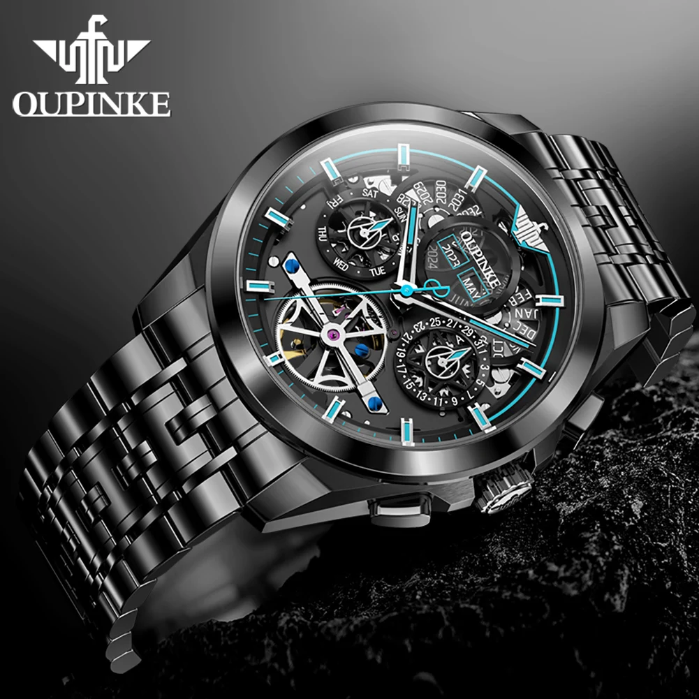 OUPINKE 3235 Original Mechanical Watch For Men Fashion Hollow Waterproof Luminous Wristwatch Week Calendar Stainless Steel Watch