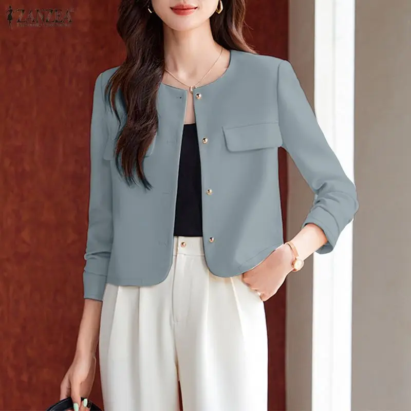 

ZANZEA Women Elegant Lightweight Short Blazer O-Neck Long Sleeve Button Up Solid Color Suit Jackets Spring Office Work Outerwear