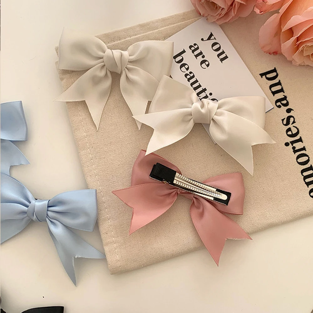 Elegant Bow Ribbon Bobby Pin Hair Clip Kawaii Bowknot Fashion Simple Solid Satin Spring Barrettes Cute Headband Hairpins Girls