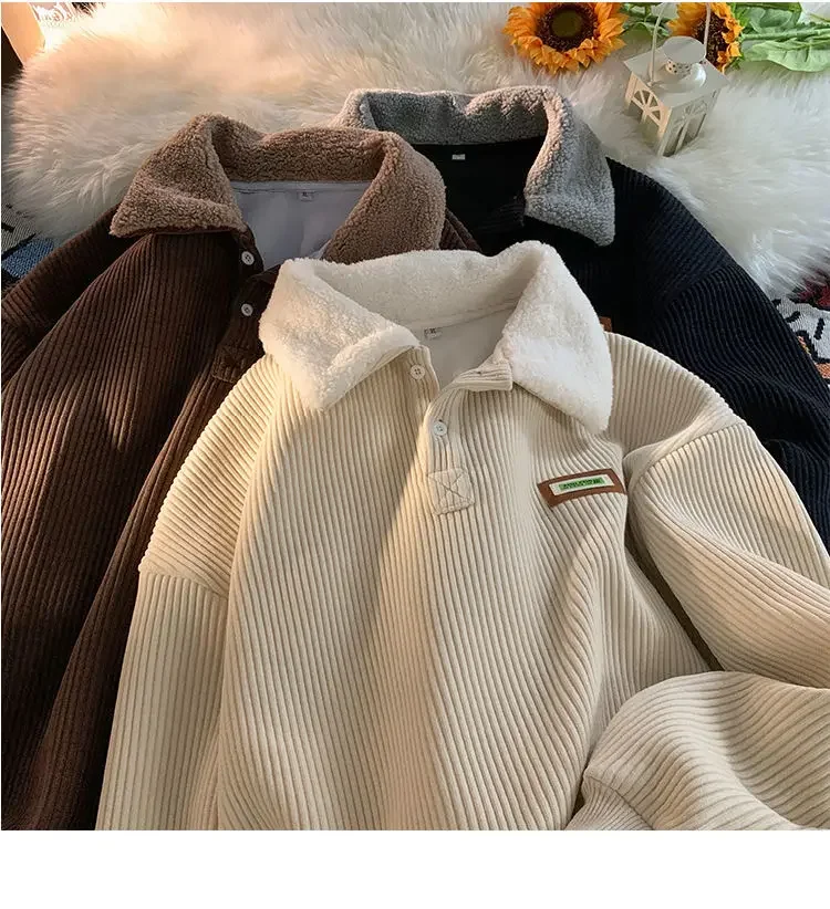 Vintage Loose Velvet Thickened Corduroy Button Hooded Sweatshirts Women Hoodies Autumn Winter Y2K Pullover Warm Contrasting Tops