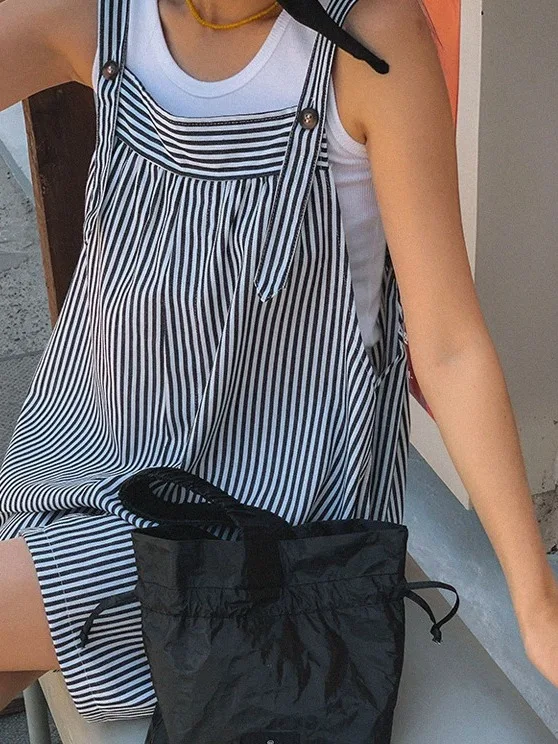 Overol de Mezclilla Hoado a Rayas Estilo Coreano, Plones Cinco Cuartos Casus y Modernos para Mujer, Jeans Hoados J...