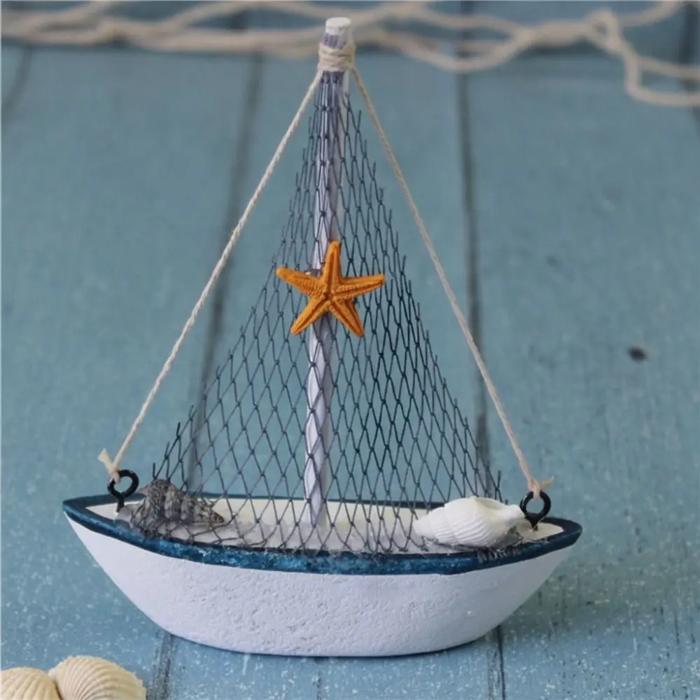 Mediterranean Style Sailing Boat Model Handmade Wooden Wooden Ship Ornament Shells Accent Fishing Net Accent Nautical Decor