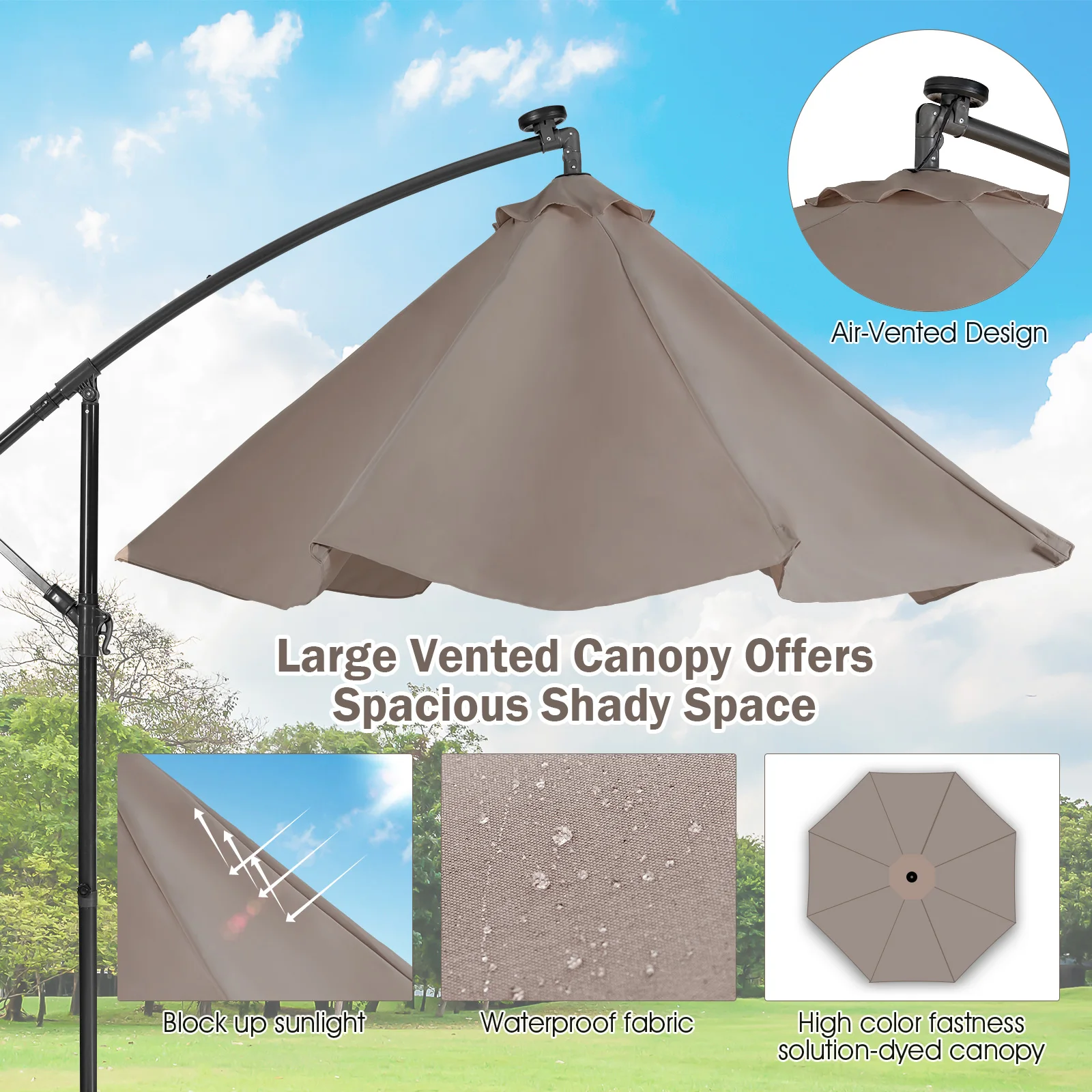 10FT Cantilever Solar Powered 32LED Lighted Patio Offset Umbrella Outdoor Coffee