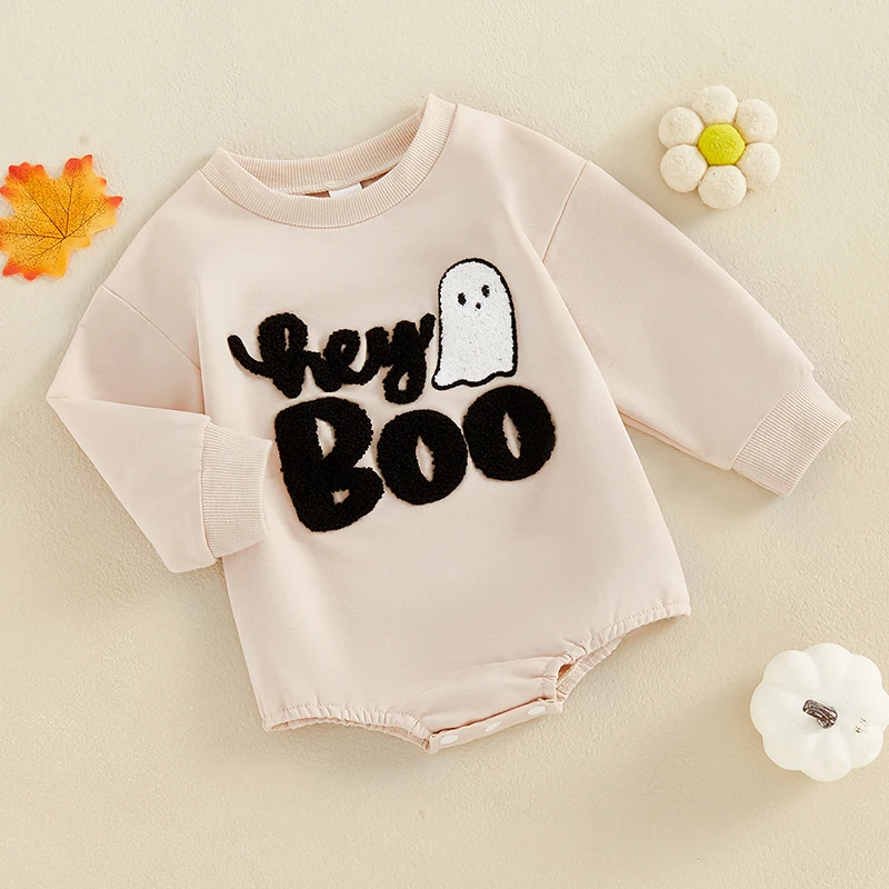 2024-07-23 Lioraitiin Baby Halloween Casual Romper Long Sleeve O Neck Ghost Letter Embroidery Sweatshirt Romper