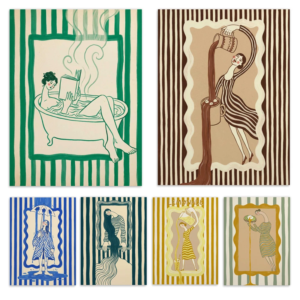 Jazz saxophone, woman reading, hot dog illustration, skateboard girl, ice cream, vintage-style poster of a woman, striped design