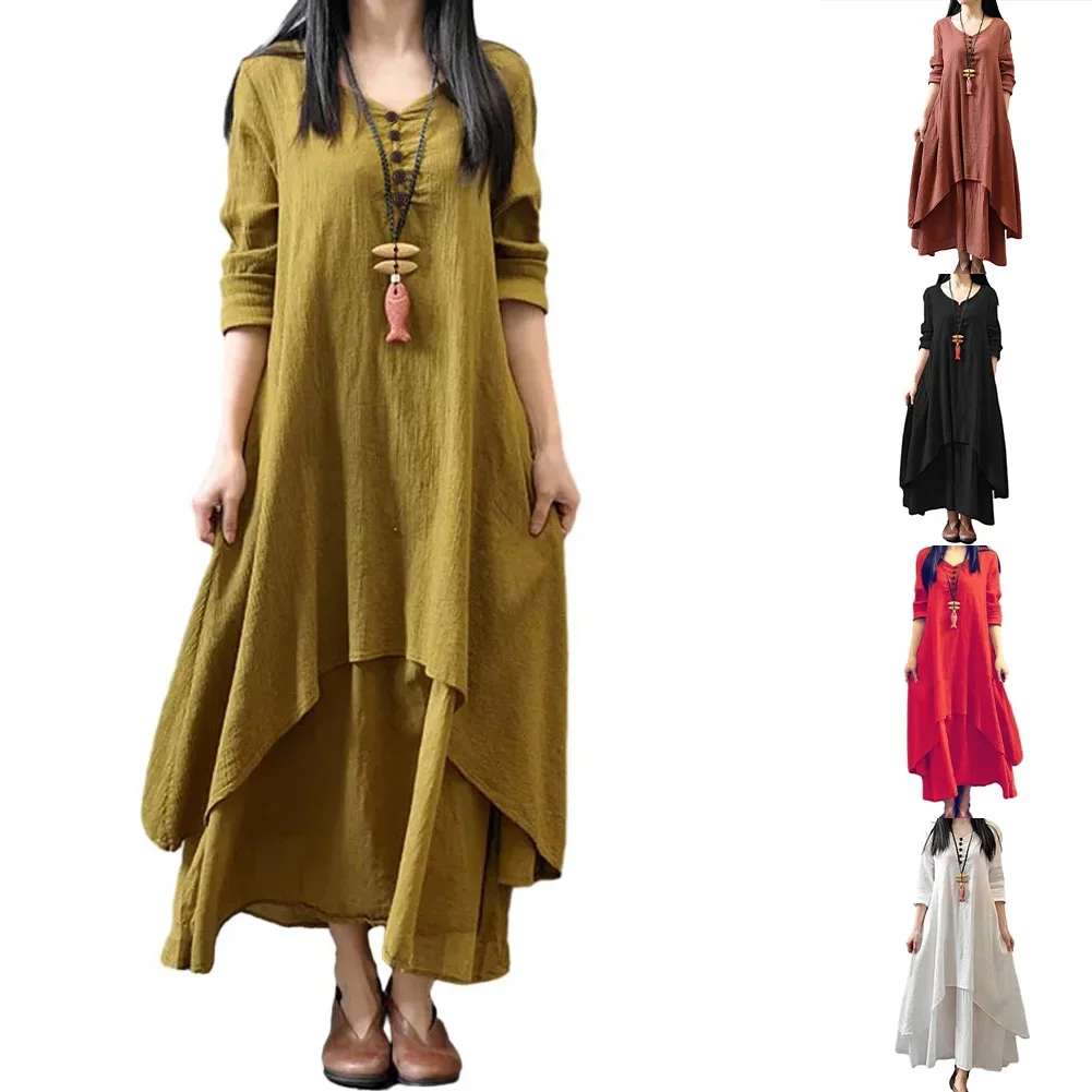 Vestido de linho feminino em camadas vintage robe oversized feminino primavera usar solto manga longa vestidos bohemia vestido casual (m 3xl)