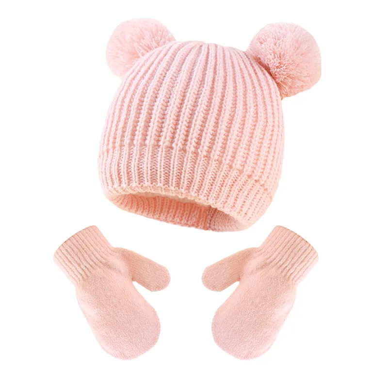 Conjunto de chapéu e luvas de malha para bebês meninos e meninas, gorro grosso e quente, luvas para bebê, inverno, 0-5 anos