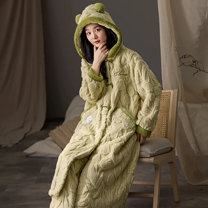 2PCS/Set Thickened Warm Flannel Plus Size Women's Pajamas Robe and Trousers Sleepwear Homewear Winter Warm Nightwear with Hood