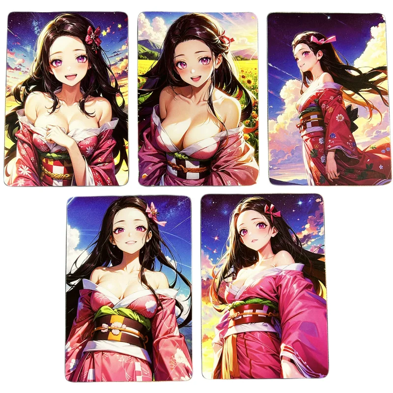 5Pcs/Set Sexy Anime ACG Girl Cards Cute Style Demon Slayer Nezuko Kawayi Collection Beautys Refraction Color Flash DIY Toy Card