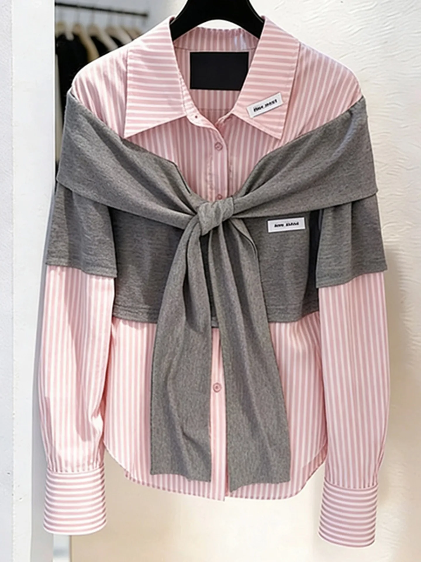 

Нежная корейская женская рубашка в полоску с пэчворком, свободного кроя, с длинным рукавом, осенняя, в стиле кэжуал, для колледжа