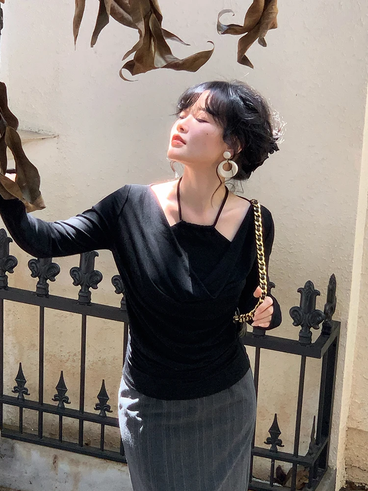 

Женская трикотажная футболка Yuan Ying с длинным рукавом, V-образным вырезом и прямым кроем во французском стиле, базовая модель для ношения поверх одежды