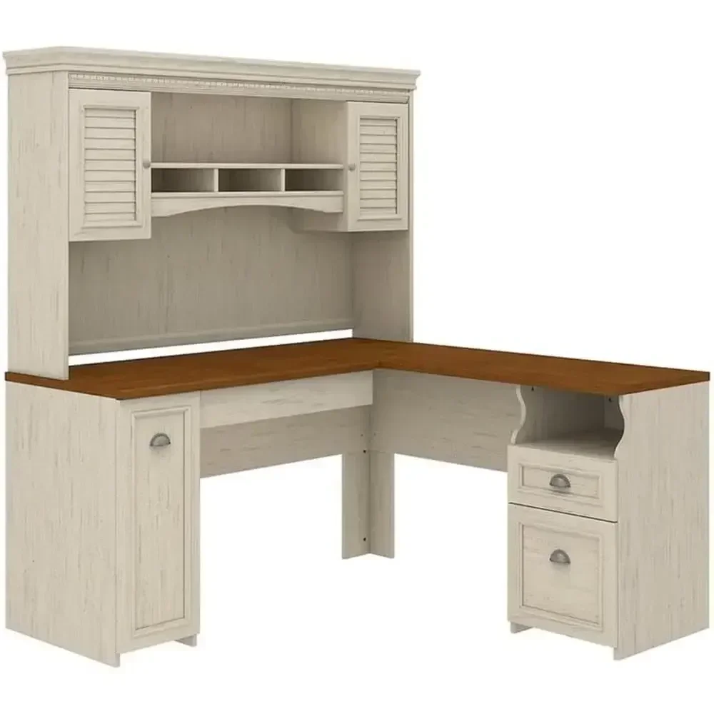 L-Shaped Desk with Hutch, Drawers, and Storage Cabinet, 60W x 60D x 69H, Pewter Accents