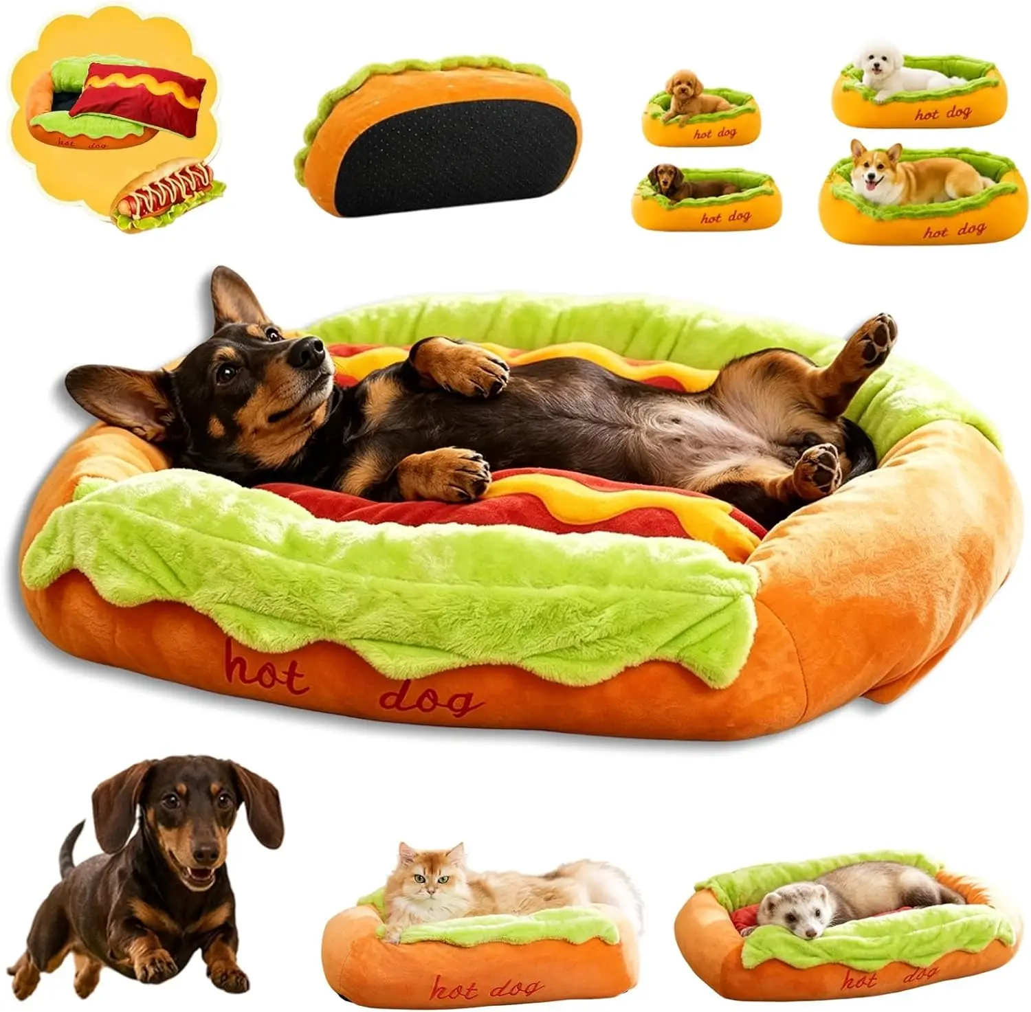 2026 New Hot Dog Dog Bed, Cute Funny Hotdog Bed, Hot Dogs Beds with Removable Washable & Non-slip Bottom, Hotdog Beds for Pets