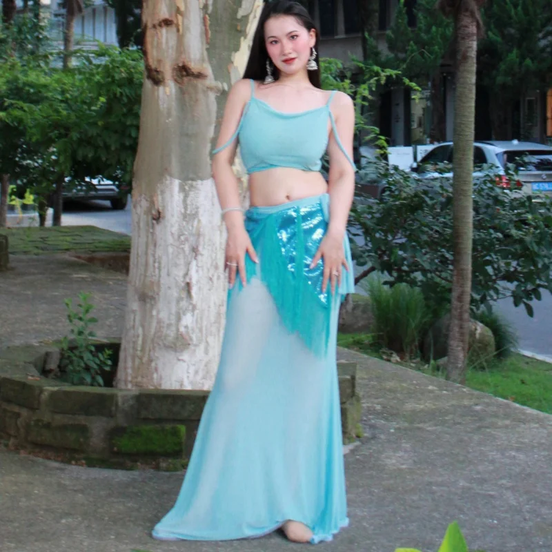 2025 Bauchtanz-Set für Damen, sexy Träger-Top + Fischschwanz-langer Rock + Quaste-Hüfttuch, 3-teilig, orientalische Bauchtanz-Wettbewerbskleidung