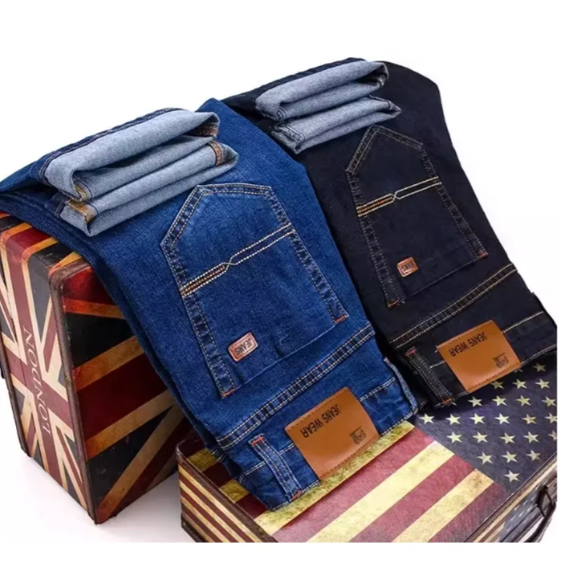 

2026 New Classic Men's Fitted Stretch Jeans Business Casual Cotton Denim Straight Leg Pants Male Black Blue Trousers