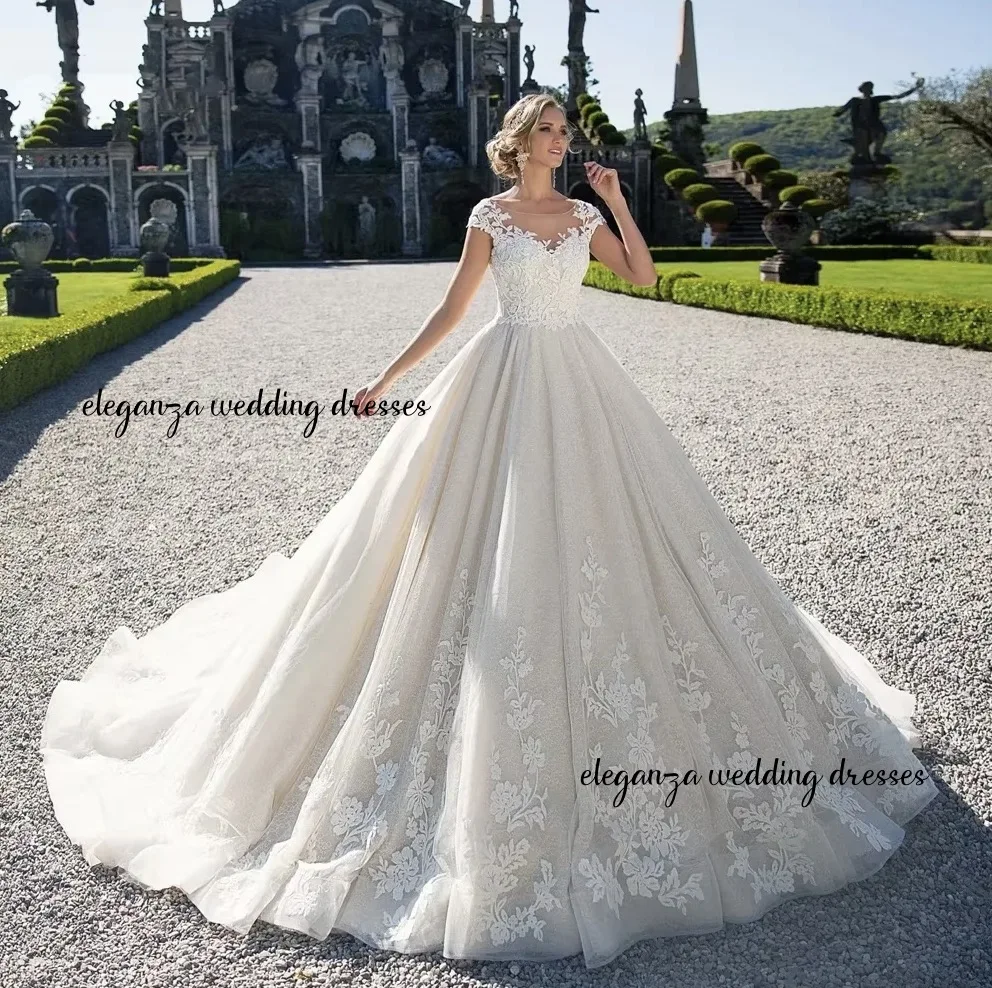 تخصيص الفاخرة الأميرة الكرة ثوب الزفاف مغرفة الرقبة كاب الأكمام ثوب الزفاف الدانتيل زين فستان العروس عارية الذراعين