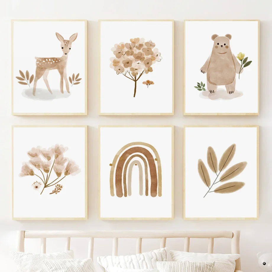 Cute Deer Bear Rainbow Bird Flower Boho Nursery Nordic Posters And Prints Wall Art Canvas Painting Pictures Kids Baby Room Decor