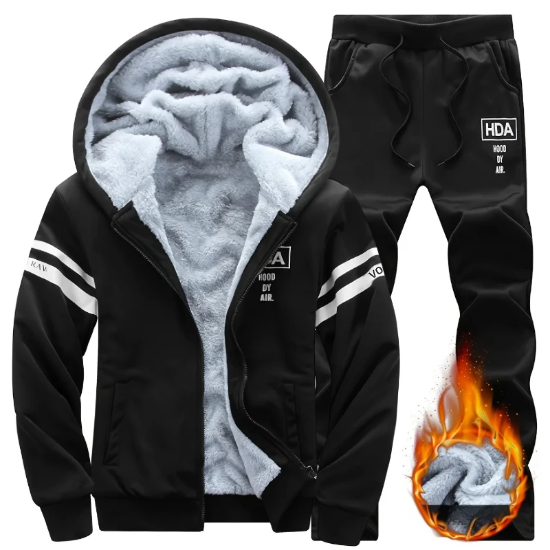 2026 New Winter Men's Sports Set Casual Pants Hooded Sweater Youth Large Plus Plush Thickened Cardigan Two Piece Set Warm