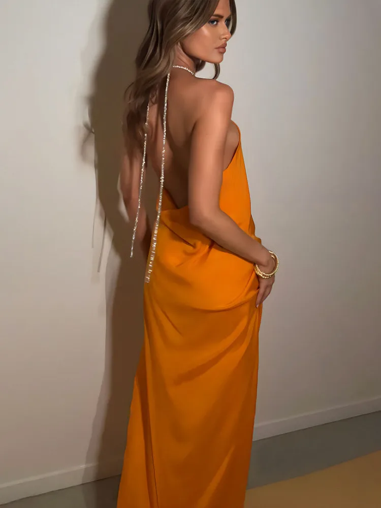Rhinestone Satin Sexy Evening Maxi Dress Women's Halter Tie Backless Solid Color Slim Split A-Line Long Dress Partywear