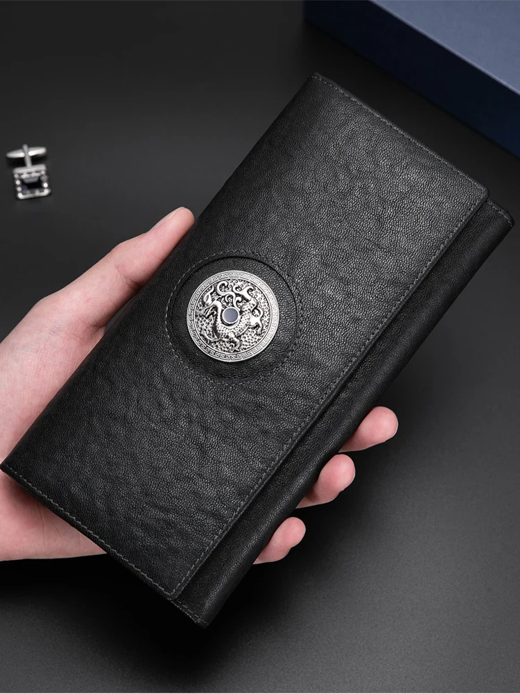 new-american-bison-long-wallet-top-layer-cowhide-leather-men's-handbag-multi-card-slot-money-clip-vintage-business