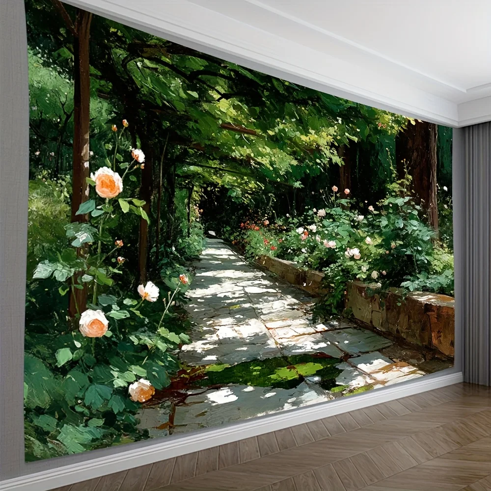 

Гобелен Serene Rose Archway — пышная зелень и цветущие розы, мягкая световая фильтрация, настенный подвес из полиэстера