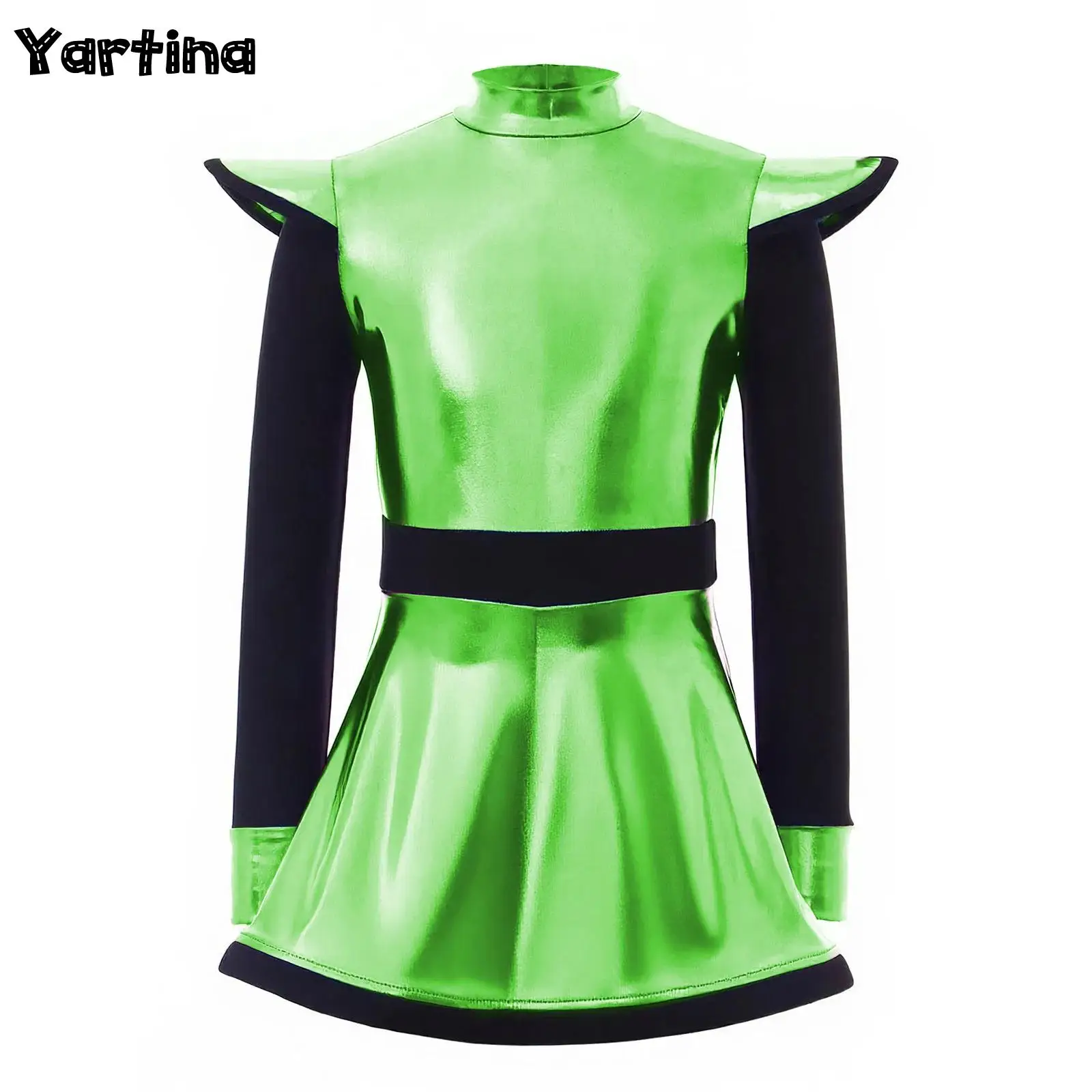 

Kids Girls Alien Outer Space Cadet Astronaut Cosplay Costume Metallic Glossy Back Invisible Zipper Built-In Shorts Robot Dress