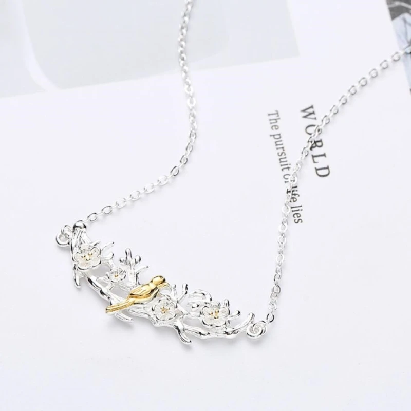 Cute Literary Bird Branch Korea Handmade 925 Sterling Silver Clavicle Chain Temperament Trendy Female Necklace NE186