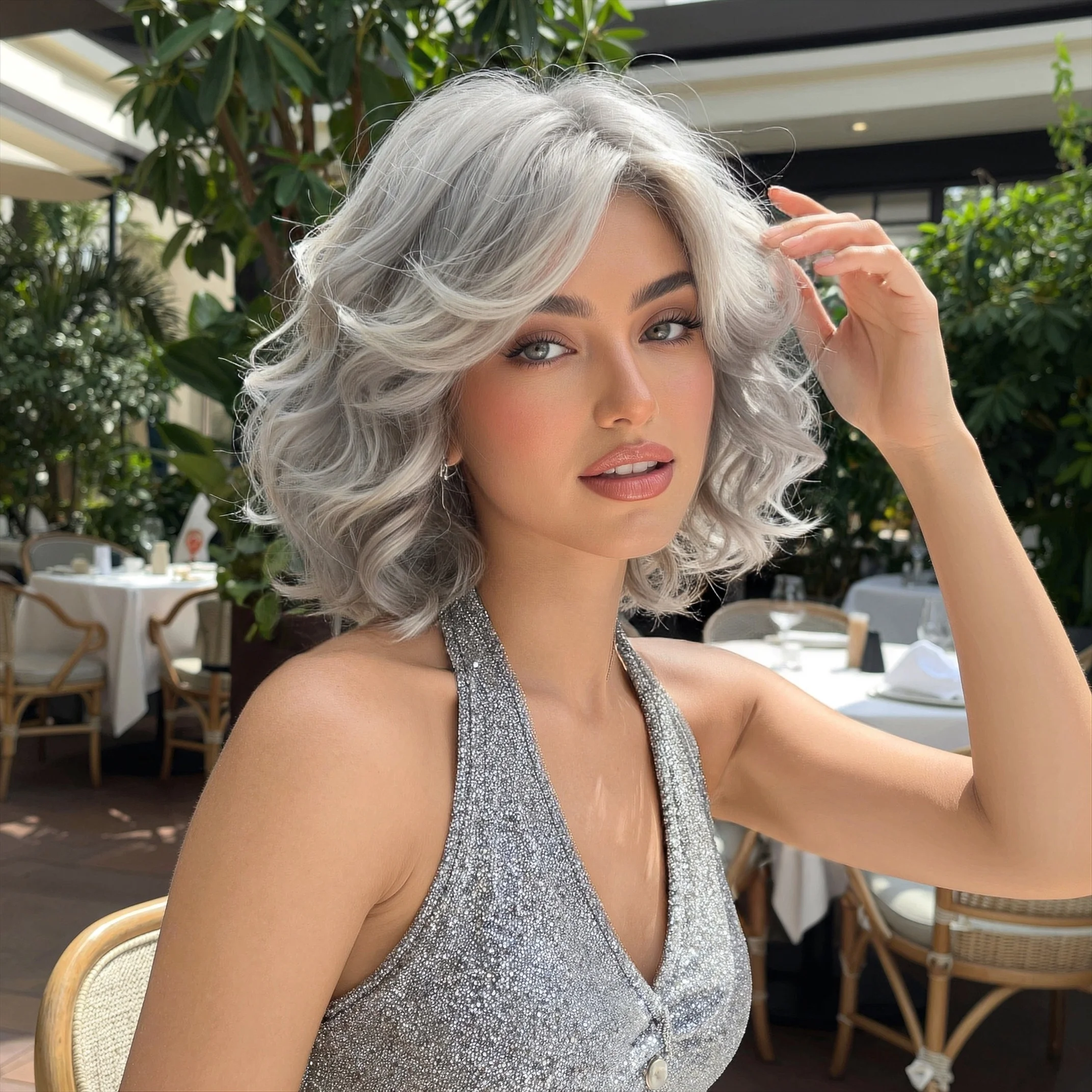 12-inch Silver Grey Short Curly Wigs for Woman Salt and Pepper Synthetic Wig with Curtain Bangs for Girls Short Wave Wig Heat Resistant Fiber Suitable for Halloween Cosplay Party Short Bob Wigs with Bangs