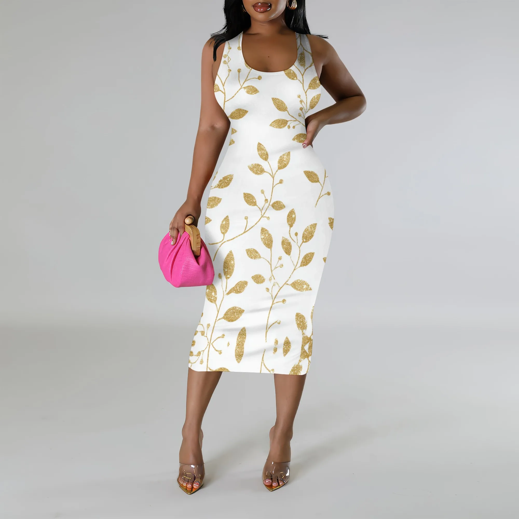 

Women's Sleeveless Gold Leaf Print Bodycon Midi Dress S-3XL Elegant Summer Party & Cocktail Look 2025