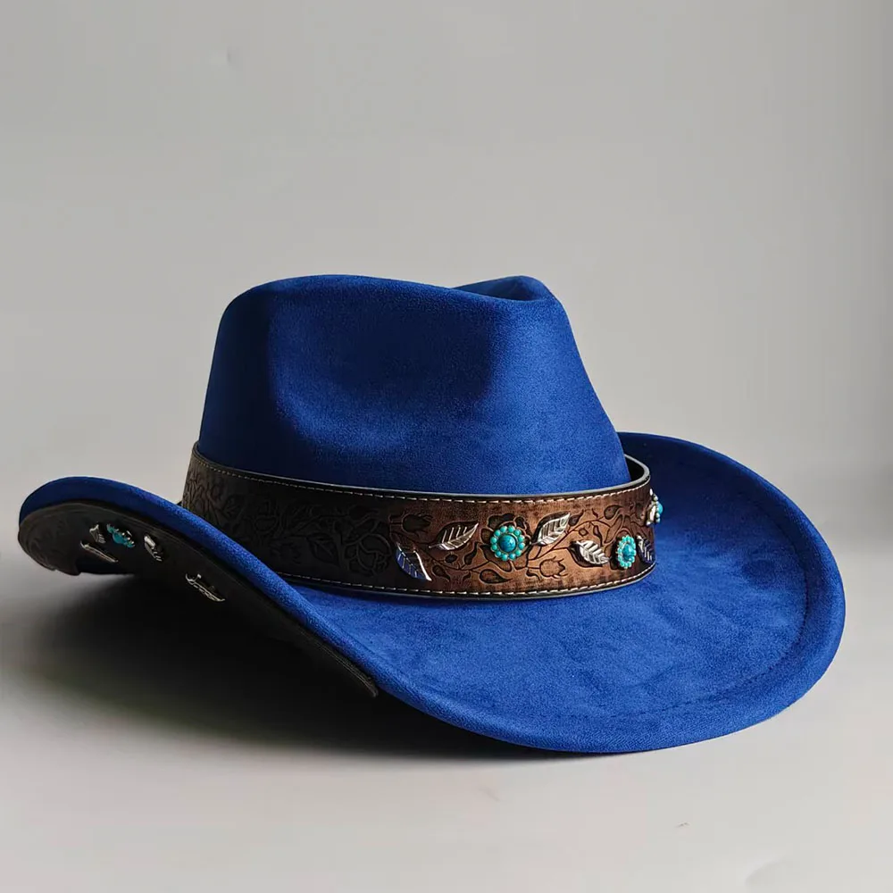 Vintage Camel Suede Western Cowboy Hat with Carved Leather Floral Band Turquoise Silver Leaves Roll-up Brim Cowgirl Hat