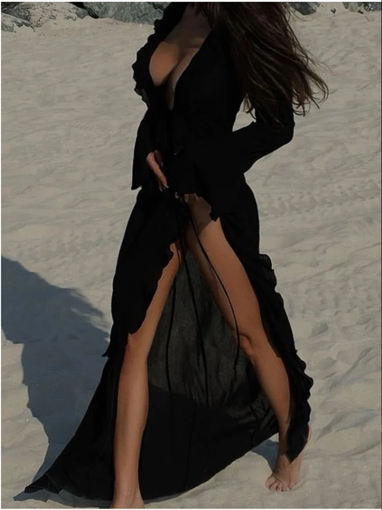 セクシーなピンク白フリルマキシサマードレス女性シースルービーチドレス女性服長袖イブニングパーティードレスvestido