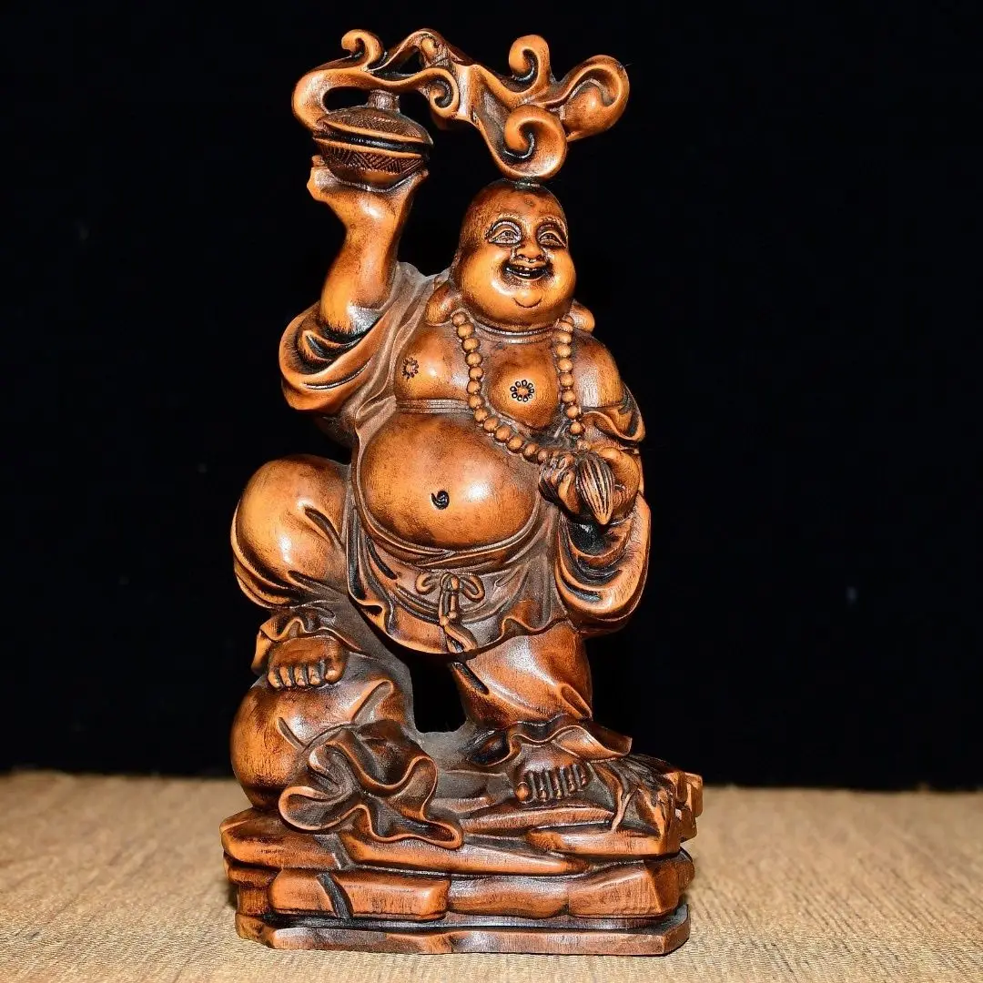 Hand Carved Wood Lucky bag maitreya buddha Statue Figurine Desktop Ornaments Home Decoration