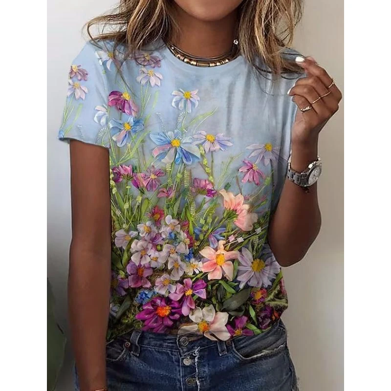 Summer Clothes Women 2024 Harajuku Flower 3D Women\'s Y2k Graphic T Shirts Casaul Everyday Tops Female Short Sleeve Tee Blouse