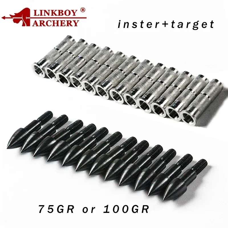 Linkboy Archery 12Pcs ID6.2mm Aluminium Arrow Insert Shaft 12Pcs Archery Target Point 75/100gr Arrowhead Accessories Hunting