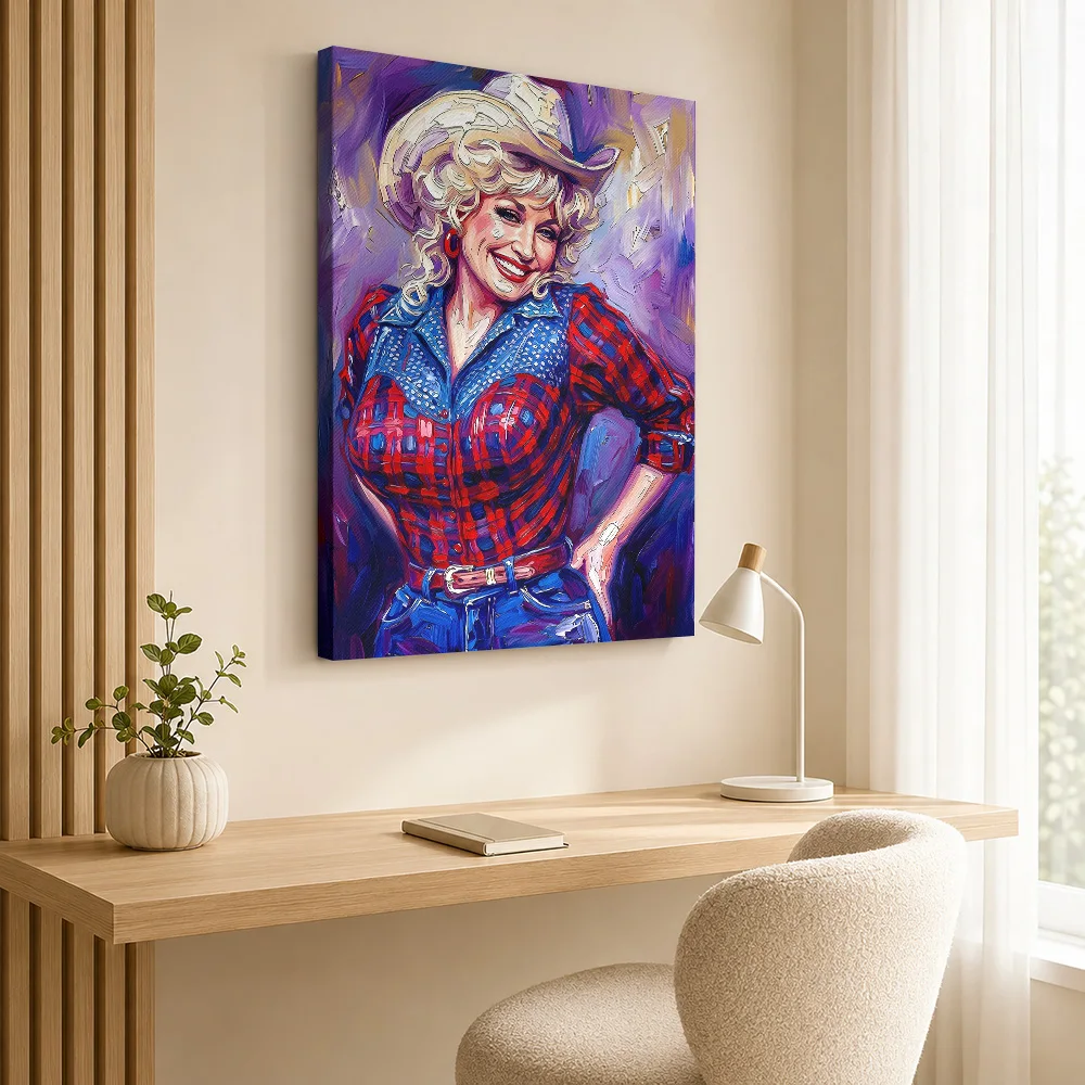 Dolly Parton In Cowboy Hat Framed Canvas Poster Customized Photo Purple And Gold Brushstrokes Wall Art For Farmhouse Kitchen