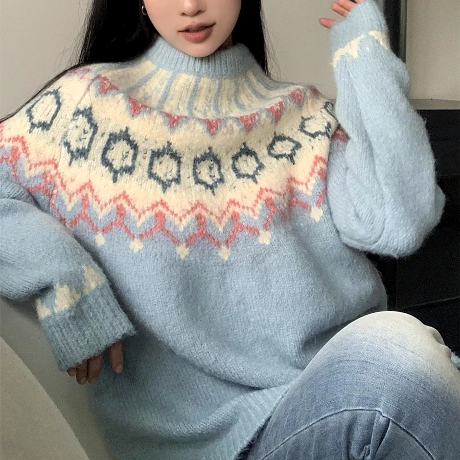 Retro Jacquard Boho Geometric Pattern Sweater Loose Warm Winter Pullover Youth Lady Casual Oversized Jersey Jumper Korean Trendy