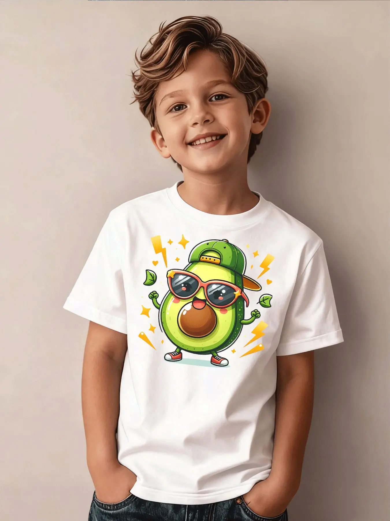 Cool Cartoon Avocado Fashion Glasses with Hat Wearing Design, Casual Party, Holiday Daily Wear, Children's T-shirt