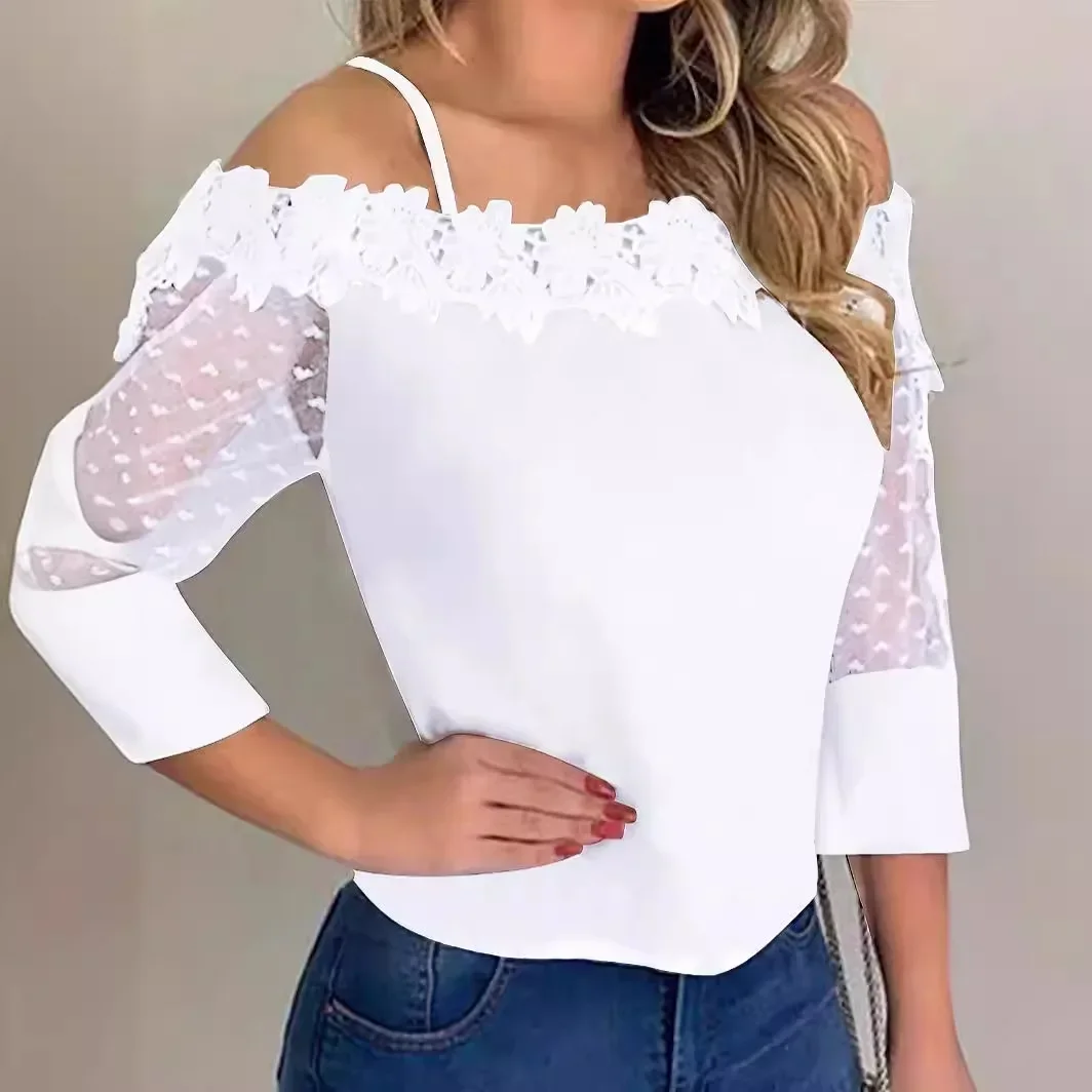 Lace T Shirt for Women 2024 Summer Fashion Top Spotted Printed Mesh Patchwork Y2k Shirt Elegant Pullover Long Sleeves Blouse