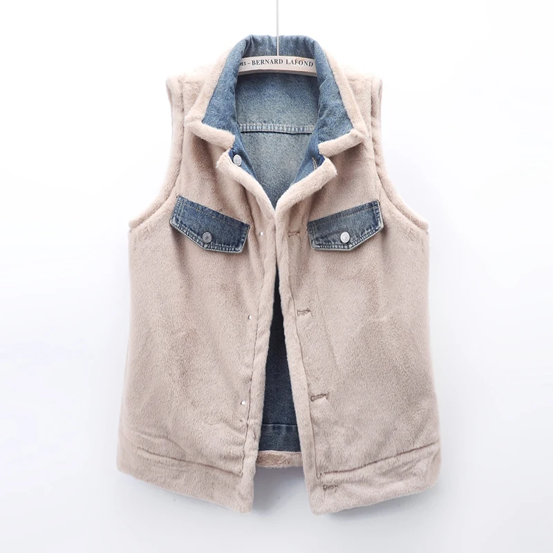 

Autumn Winter Women Slim Short Denim Vest Lapel Single-Breasted Sleeveless Warm Faux Rabbit Fur Liner Cowboy Waistcoat Dark Blue