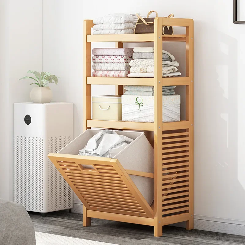 

Multifunctional Bamboo Storage Shelf Multi-layer Floor Type Bathroom Dirty Clothes Storage Basket Home Organizer Rack Cabinet