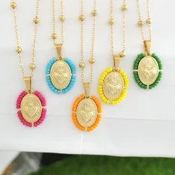 Virgin Mary Pendant Charm Necklace Women Cross Scared Heart Jesus Choker Seed Beads Stainless Steel Chain Gold Color Mom