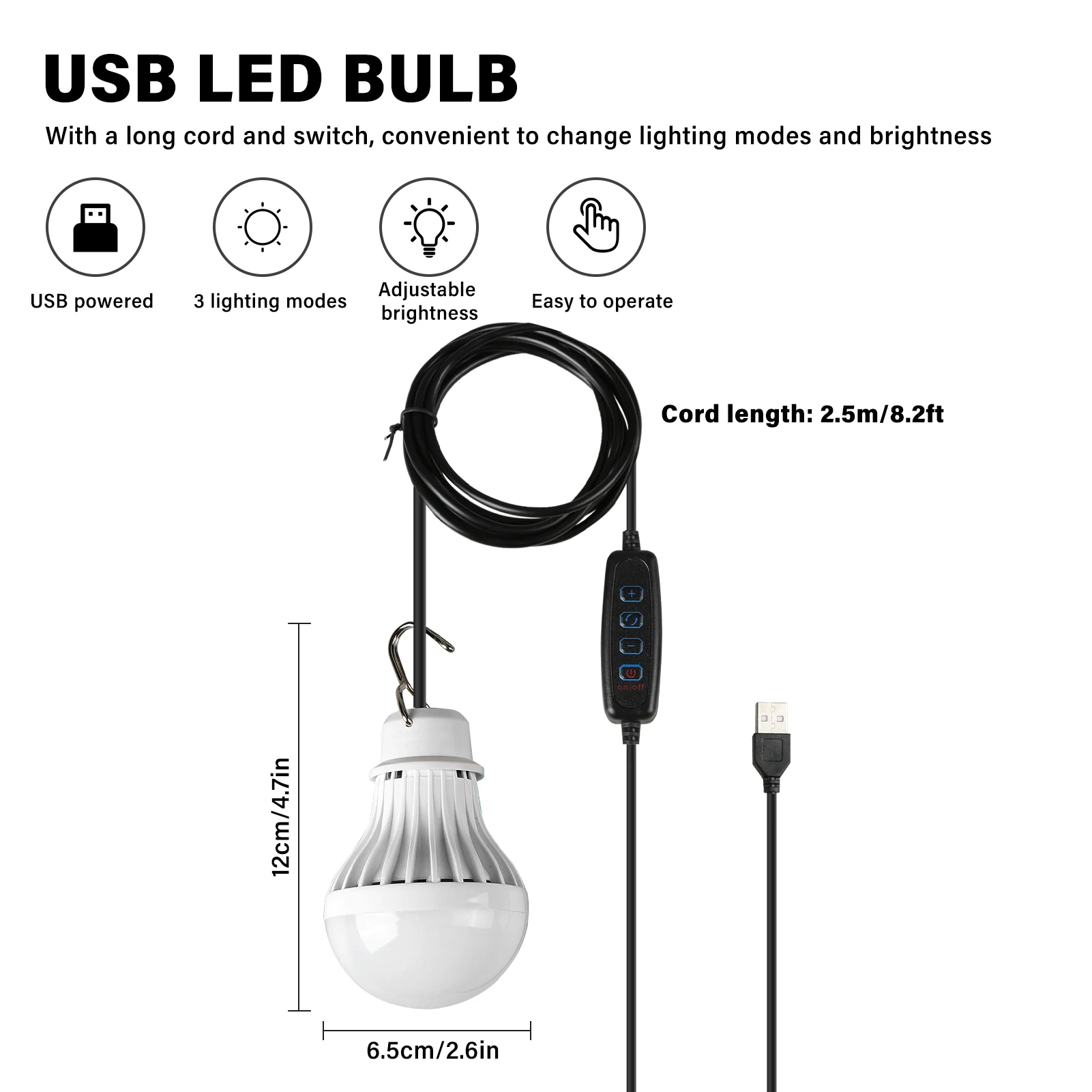 USB Bulb 10W Switchable Dimmable Bulb USB Emergency Light Camping Light 2.5m Cord Length 10W Three-Color Dimmable Light