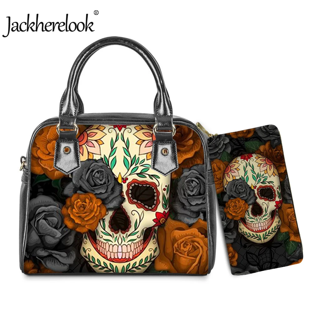 

Jackherelook 2Pcs/Set Sugar Skulls Pattern Women Luxury PU Leather Cross Body Bags Ladies Handbag Wallet Messenger Bag Bolsos