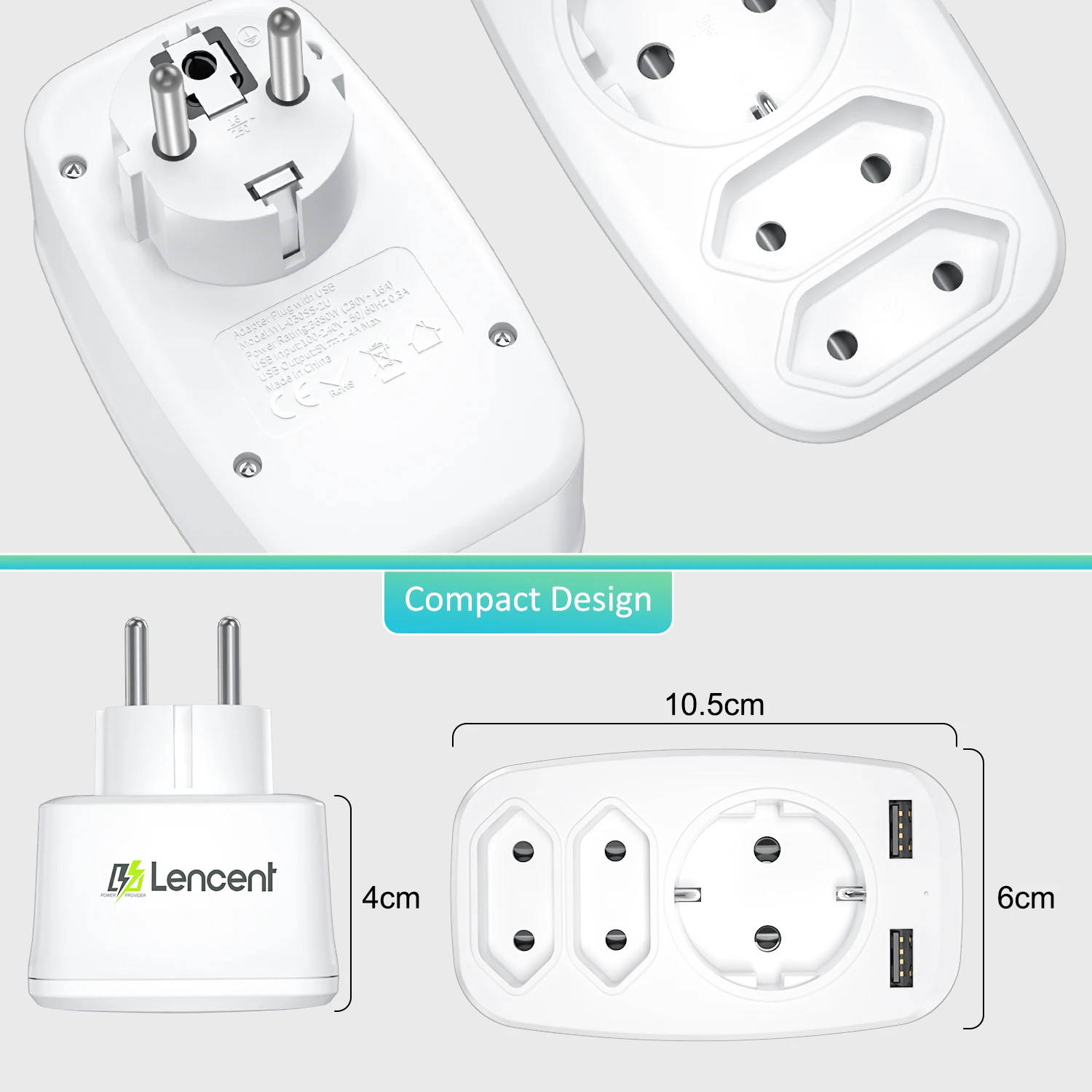 LENCENT EU Plug Multi gniazdo ścienne z 3 portami USB 2 wtyczki Schuko 1 wtyczka EU 5V 2.4A Adapter zabezpieczenie przed przeciążeniem dla domu/biura