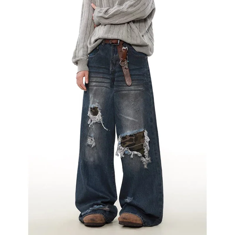 

Женские камуфляжные джинсы унисекс с нашивными дырками, персонализированные брюки, крутые повседневные штаны для девочек, женские уличные широкие ковбойские брюки