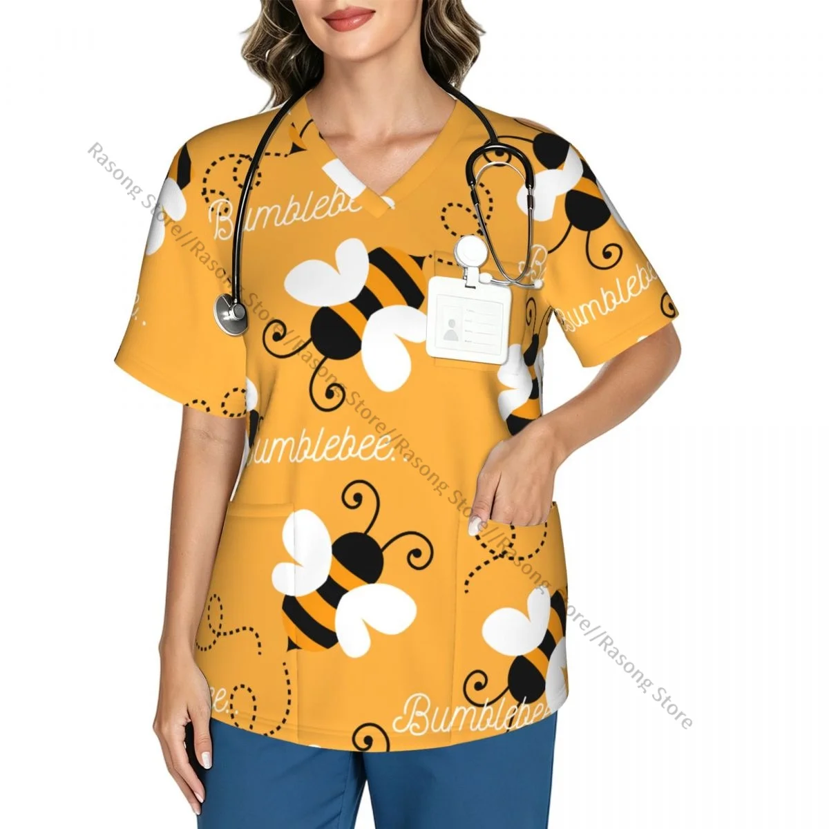 Women Scrubs Blouse Medical Nurse V-neck Clinical Scrubs Top Cute Honey Bee Animals Operating Room Work T-shirt