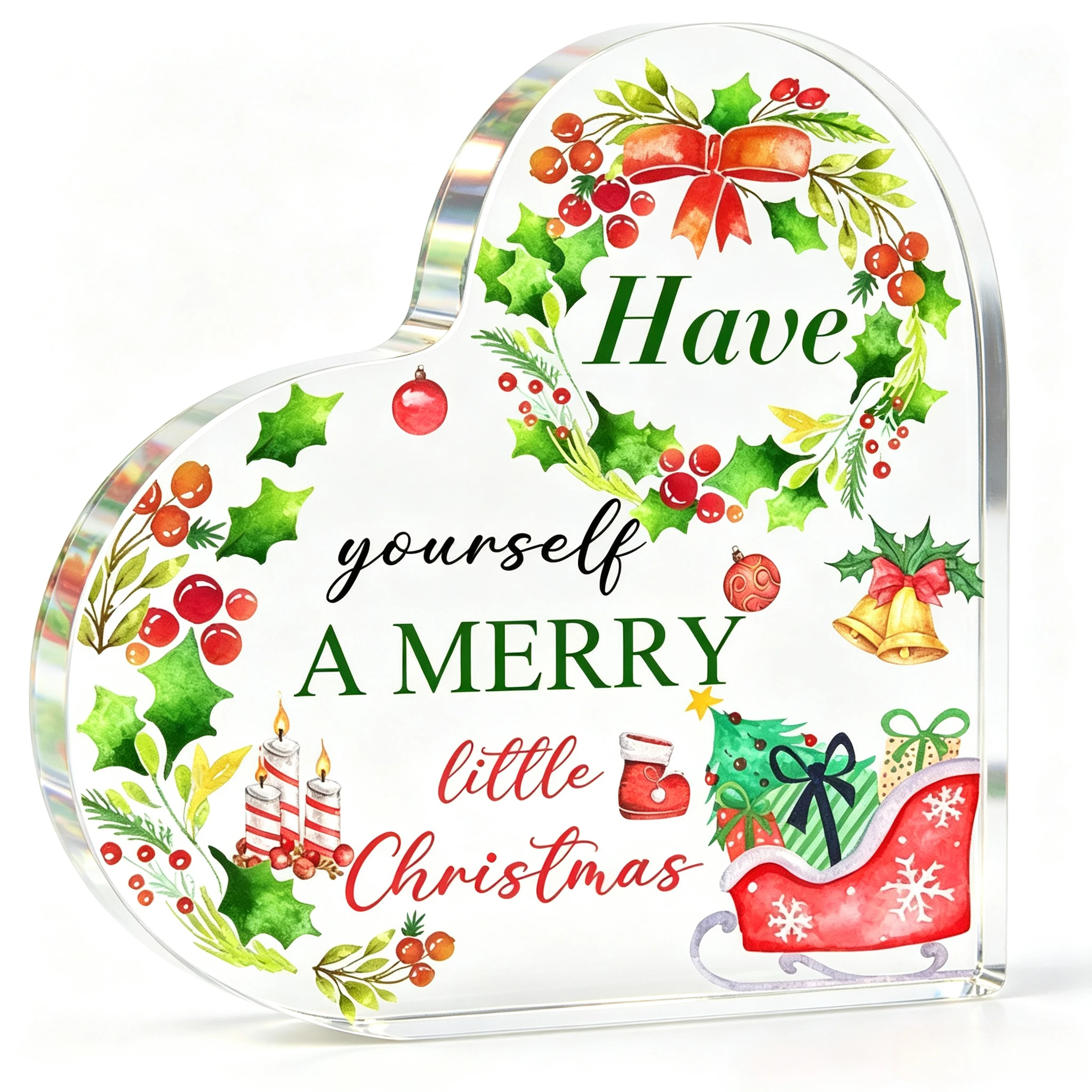 Have Yourself A Merry Little Christmas Heart‑Shaped Acrylic Plaque Holly Wreath Desk Decor Watercolor Sleigh Bell Candle Heart Acrylic Stand, Xmas Ornament Holiday Keepsake Tabletop Gift