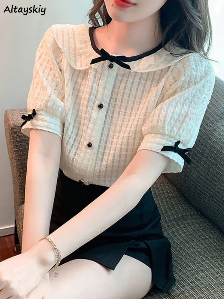 Shirts Women Bows Short Sleeve Thin Summer Tops Tender New Arrival Vintage Prevalent Sweet Lovely Ladies Korean Style Casual Ins