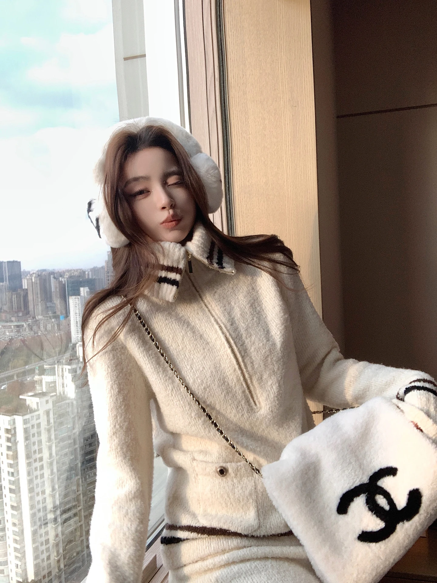 

Lilylikes Cry Early Spring Two-Way Wearable Knitted Wool Camere f Skirt Set Casual Sle Long Sve Stand Collar Top