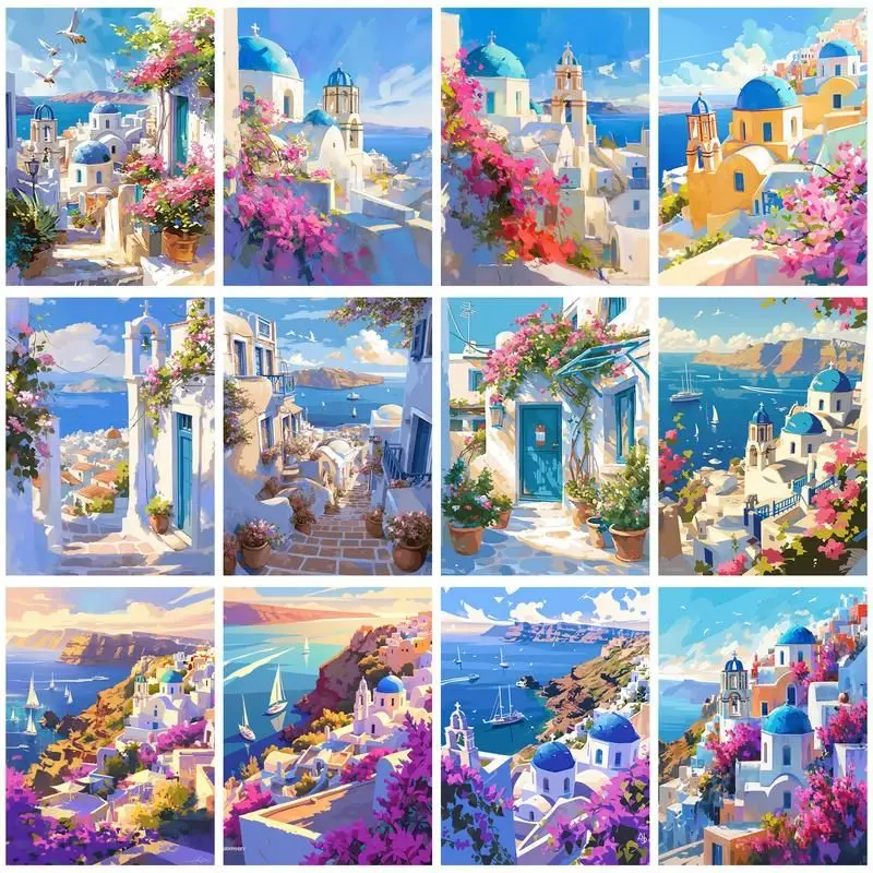 

CHENISTORY Painting By Number Scenery of Santorini Drawing On Canvas HandPainted Art Gift DIY Picture By Number Kits Home Decor